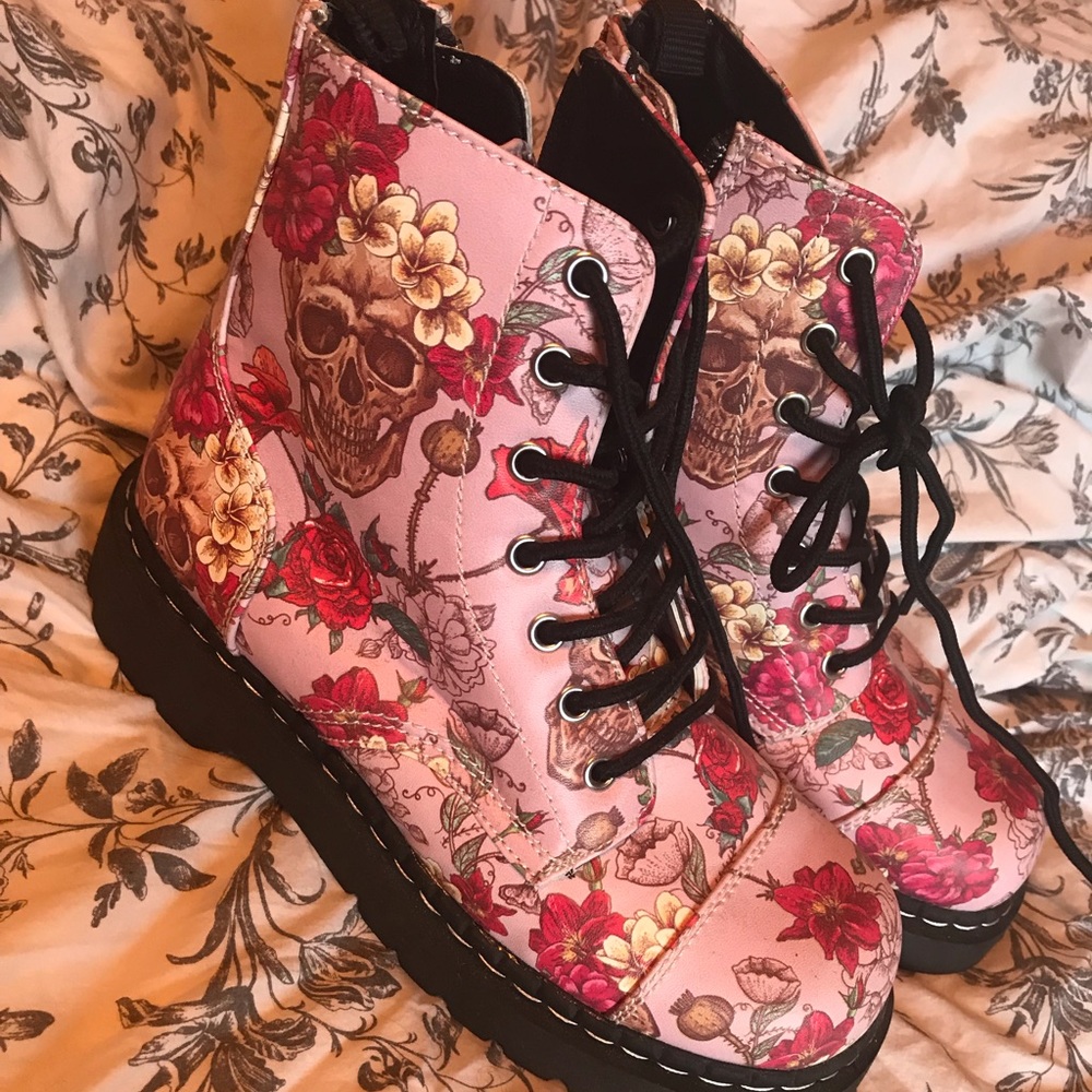 Pink Skulls And Flowers Doc Marten Style Boots
